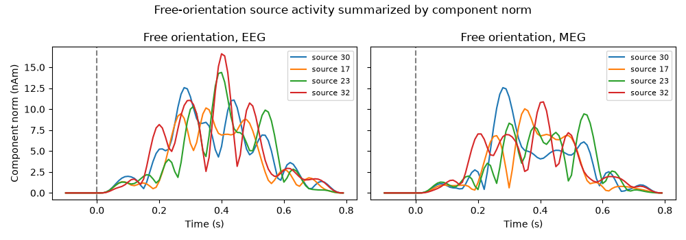 Free-orientation source activity summarized by component norm, Free orientation, EEG, Free orientation, MEG