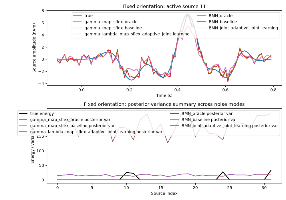 Fixed orientation: active source 11, Fixed orientation: posterior variance summary across noise modes