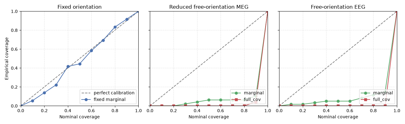 Fixed orientation, Reduced free-orientation MEG, Free-orientation EEG
